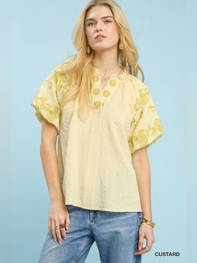 Umgee Embroidered Textured Flutter Sleeve Top